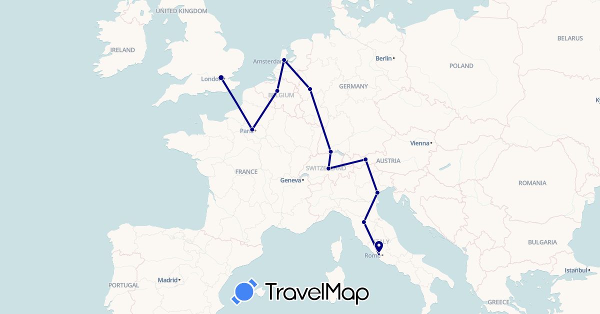 TravelMap itinerary: driving in Austria, Belgium, Switzerland, Germany, France, United Kingdom, Italy, Netherlands, Vatican City (Europe)